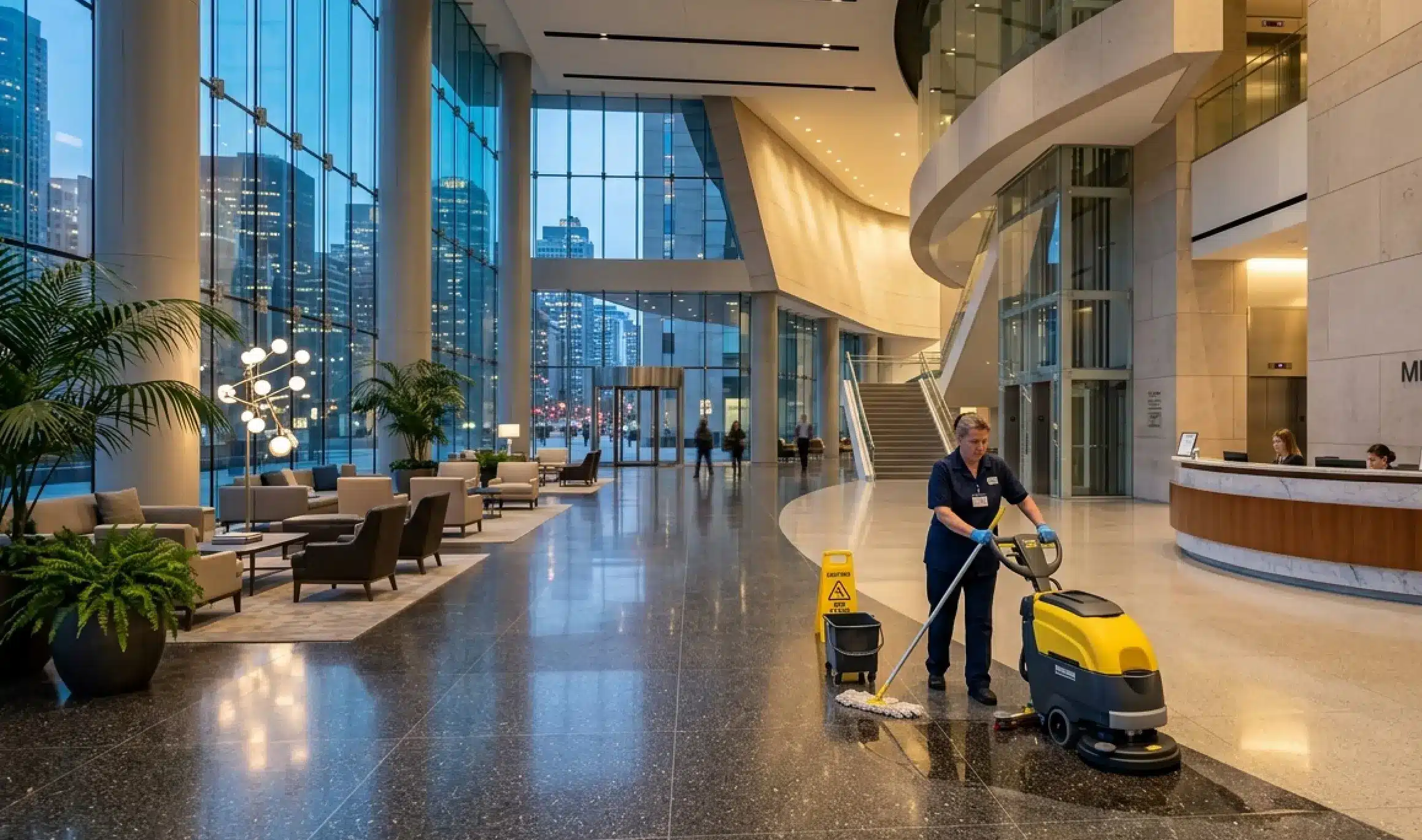 Person mopping glossy modern office lobby near a yellow floor polisher, reception desk, seating area and floor-to-ceiling glass windows