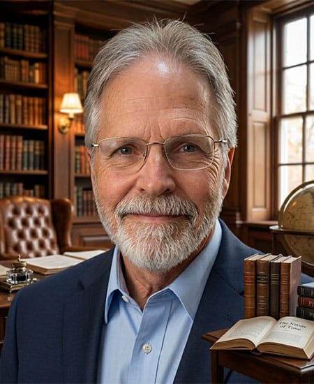 Older man with gray hair, beard and glasses, smiling in a wood-paneled library with bookshelves, globe and an open book.